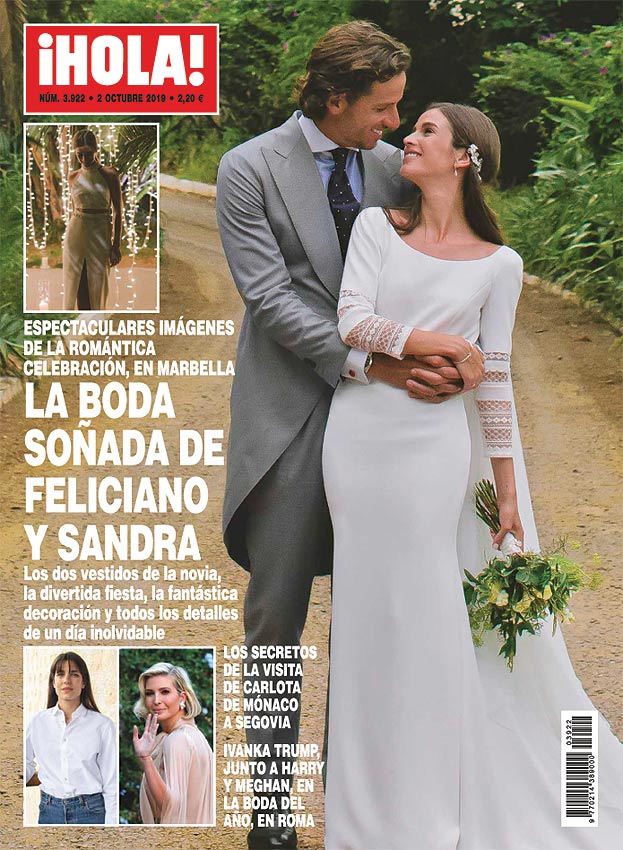 Portada de la revista Hola de la boda de Sandra Gago y Feliciano López con un vestido Jesús Peiró.